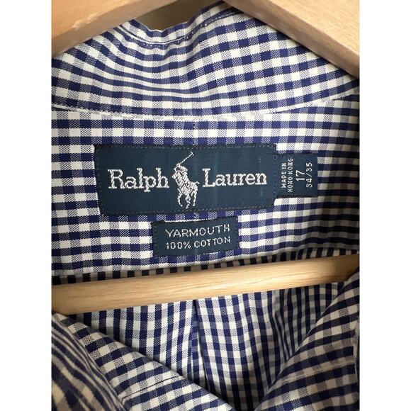 Ralph Lauren Yarmouth 100% Cotton 17 34/35 Checkered Blue - Picture 3 of 6